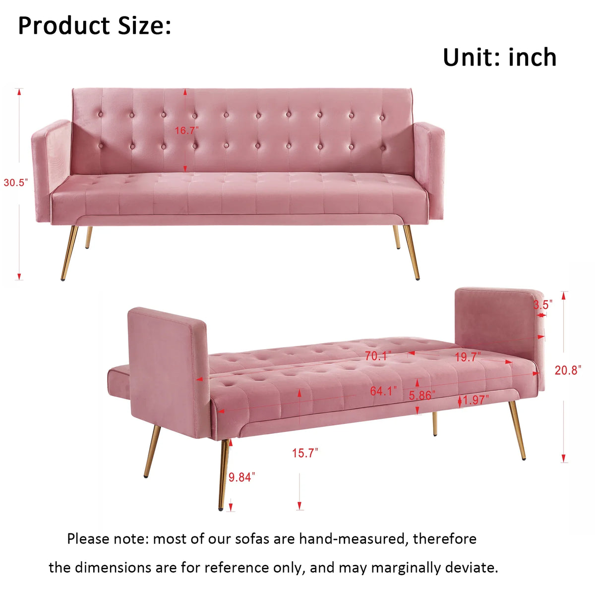Leumius Velvet Futon Sofa Bed Mid-Century Modern Adjustable Backrest with Pillows, Gray/Gold - image 20