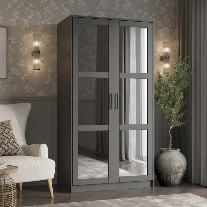 Palace Imports 100% Solid Wood 2-Door Urban Wardrobe Armoire with Solid and Mirrored Doors - image 8