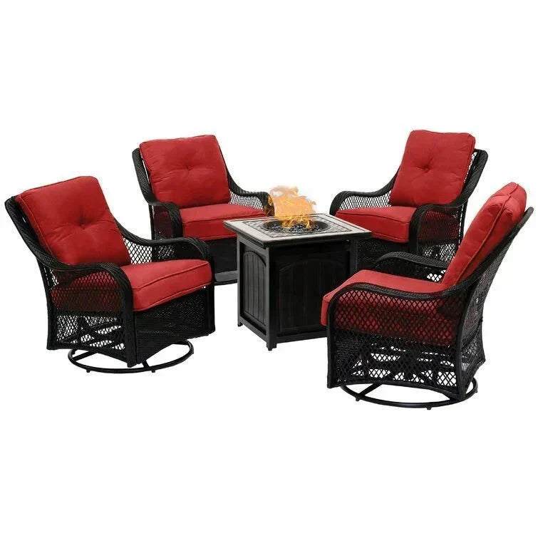 2025 5-piece steel patio fire pit seating set with navy blue cushions, swivel gliders and square fire pit table - image 2