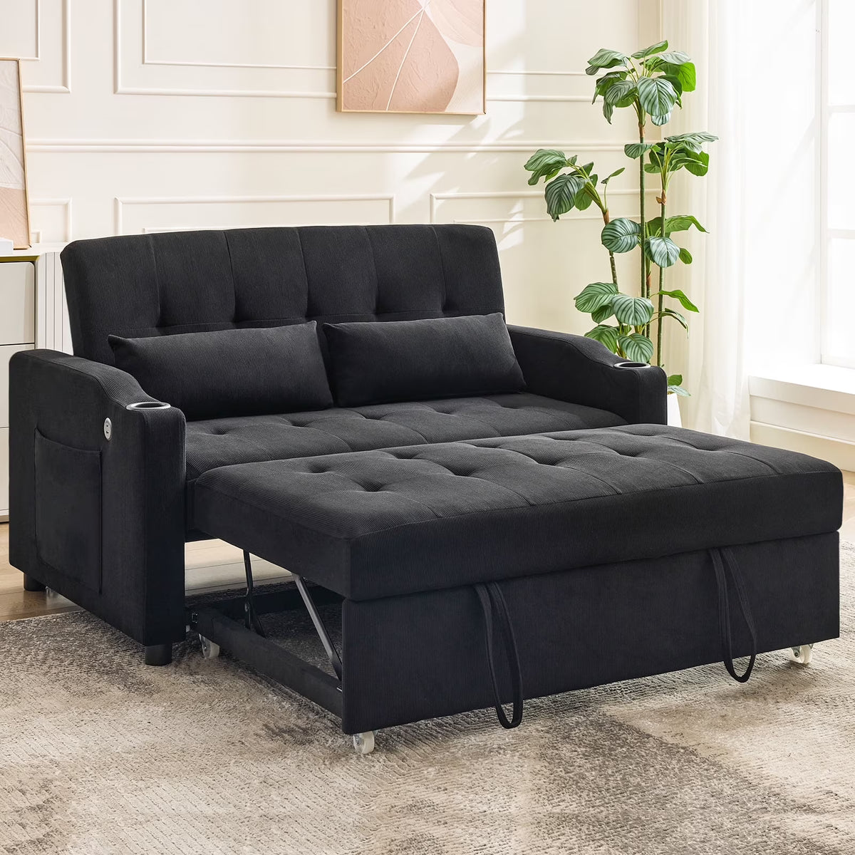 3 in 1 Convertible Sleeper Sofa Bed, Corduroy Futon Couches with Pull-Out Bed, Adjustable Backrest, Charging Port & Side Pockets, Modern Upholstered Sofa for Living Room, Guest Room - image 1