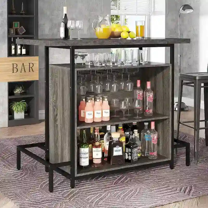 Home Bar Cabinet with Wine Storage Shelves Glass Rack and Footrest - image 3
