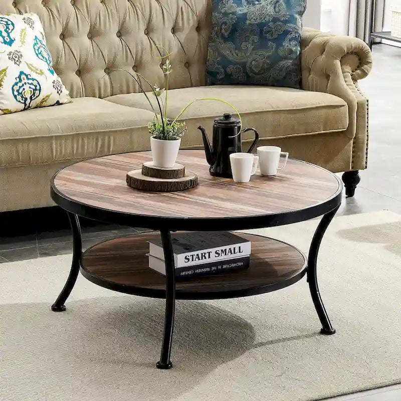 Myhozm Industrial Round Metal Coffee Table with Shelf – Perfect for Living Room, Home Office, and Bedroom - image 3