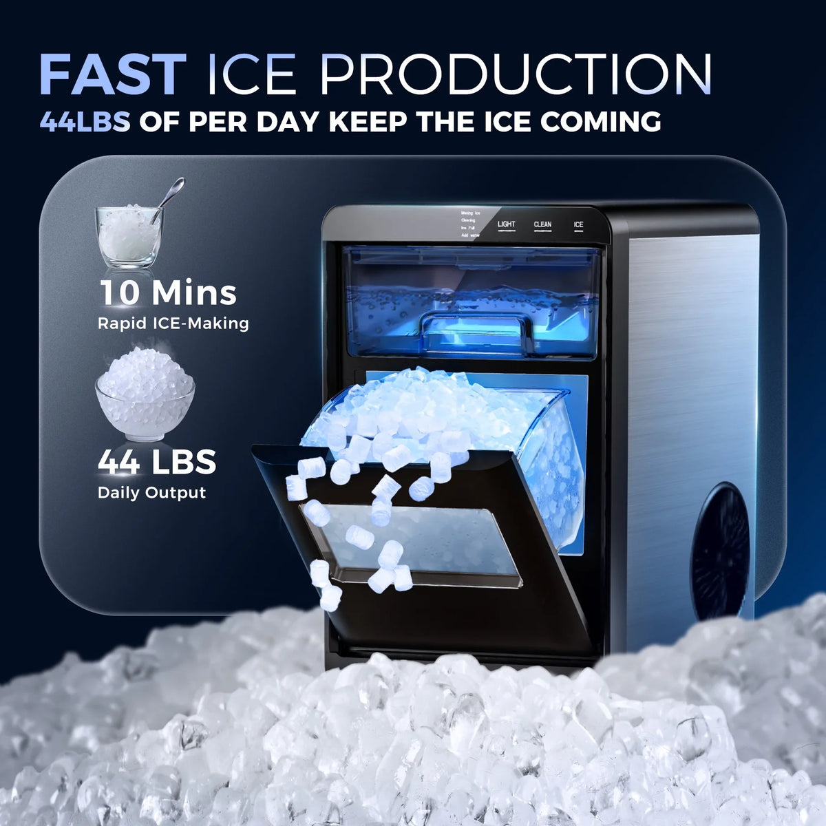 Simzlife Nugget Ice Maker Countertop, 44.9lbs per Day Chewable Pebble Nugget Ice Machine with Touch Screen for Home, Kitchen, Office, Stainless Steel, Black - image 3