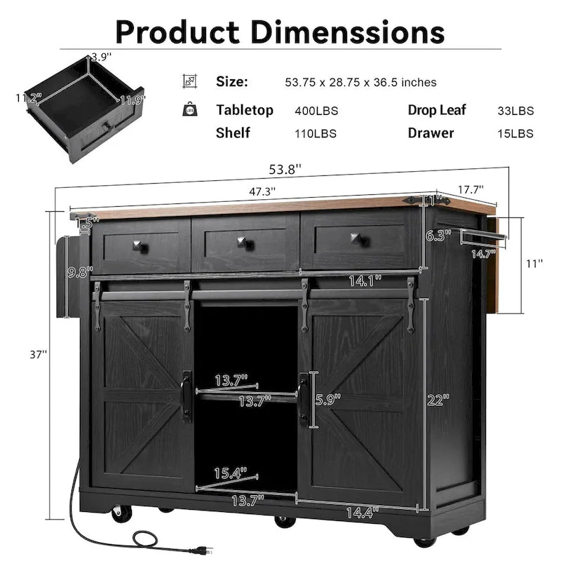 53.7-Inch Farmhouse Kitchen Island with Power Outlet, Featuring 2 Sliding Barn Doors and Drop Leaf Design - image 23