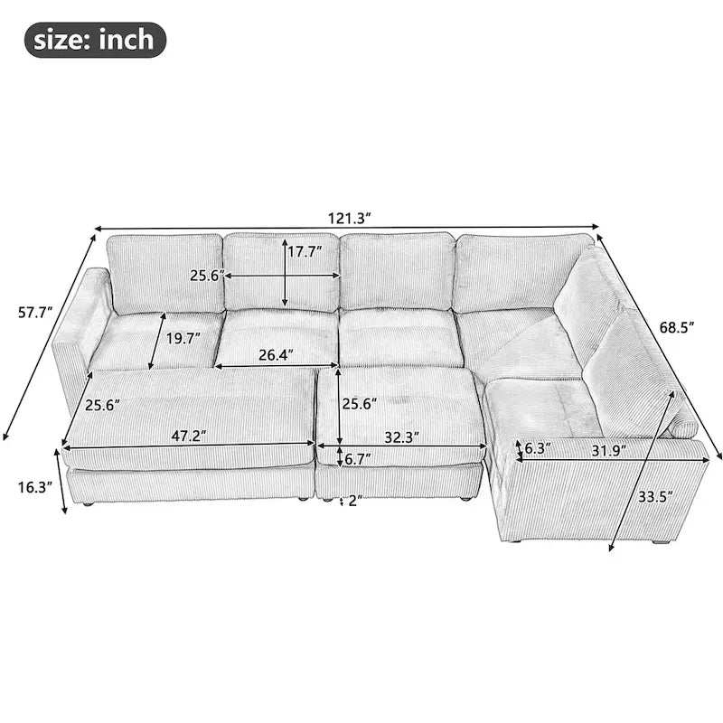 Corduroy Modular Sectional Sofa Bed with Recliner and 2 Movable Ottomans – Perfect for Living Rooms - image 6