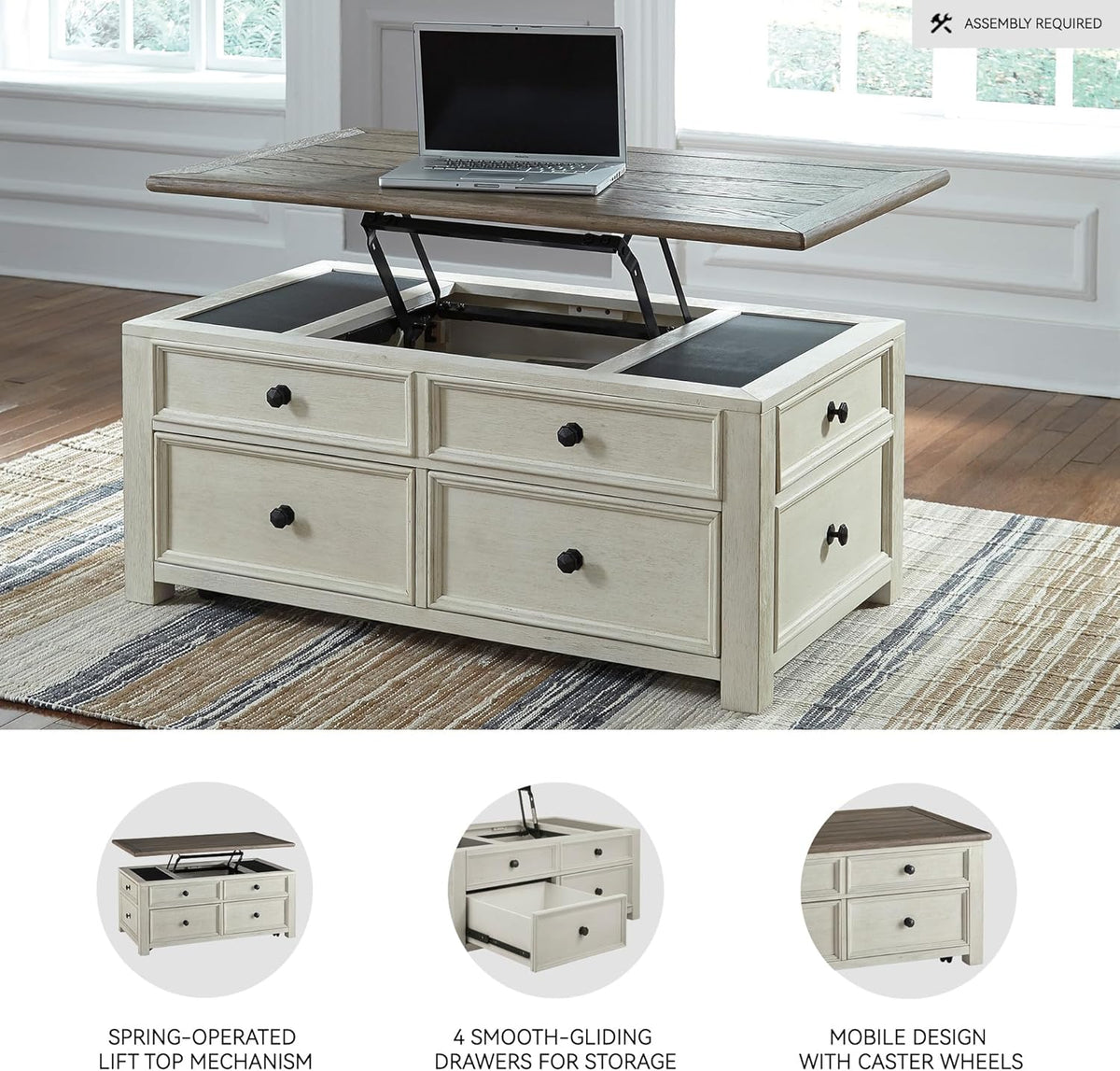Ashley Bolanburg Lift Top Coffee Table with Drawers, Antique Cream & Brown - image 4
