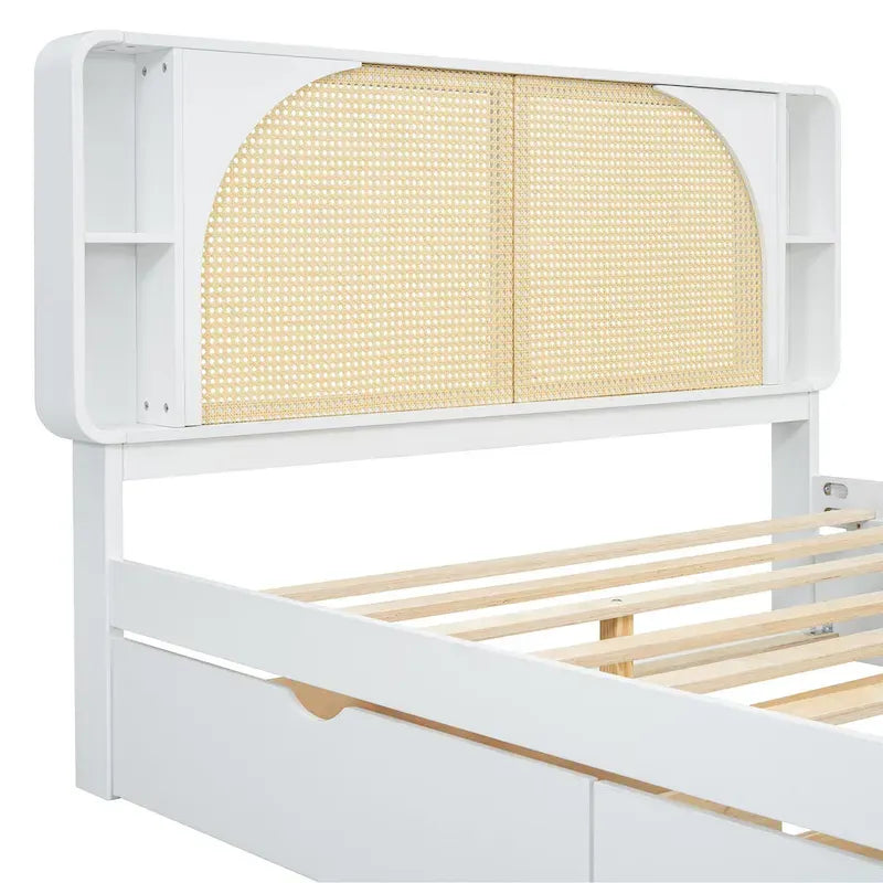 White Queen Size Rattan Bed with Trundle and Dual Storage Drawers - image 10