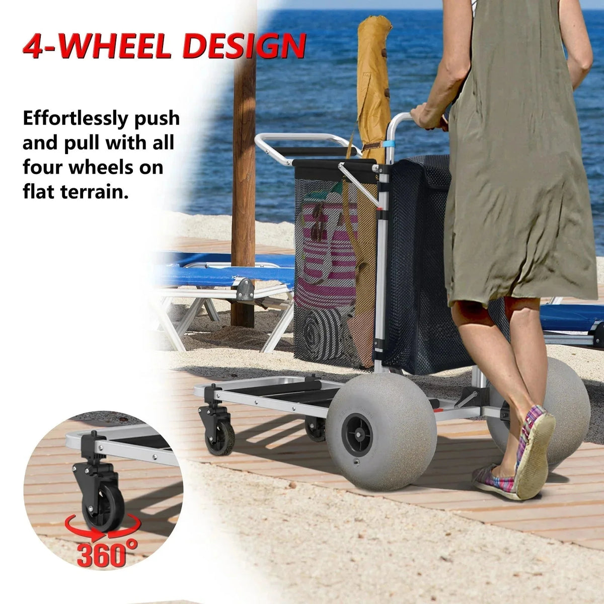 GDLF Foldable Beach Cart with Adjustable Handle and 12" Balloon Wheels, Heavy Duty Aluminum 220LBS Capacity - image 4
