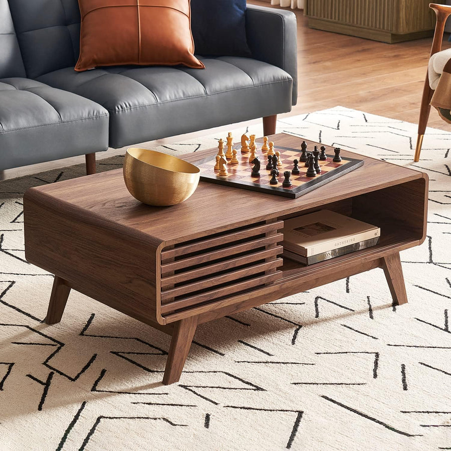 Mopio Ensley Mid Century Modern Rectangle Coffee Table with Dual Storage Shelf, Wood Slat Sliding Door, & Rounded Edge Protection for Living Room, Walnut Grain - image 1