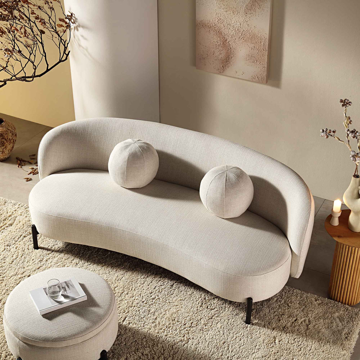 3-Seater Curved Sofa with Ball Cushions, Beige Linen Blend - image 2