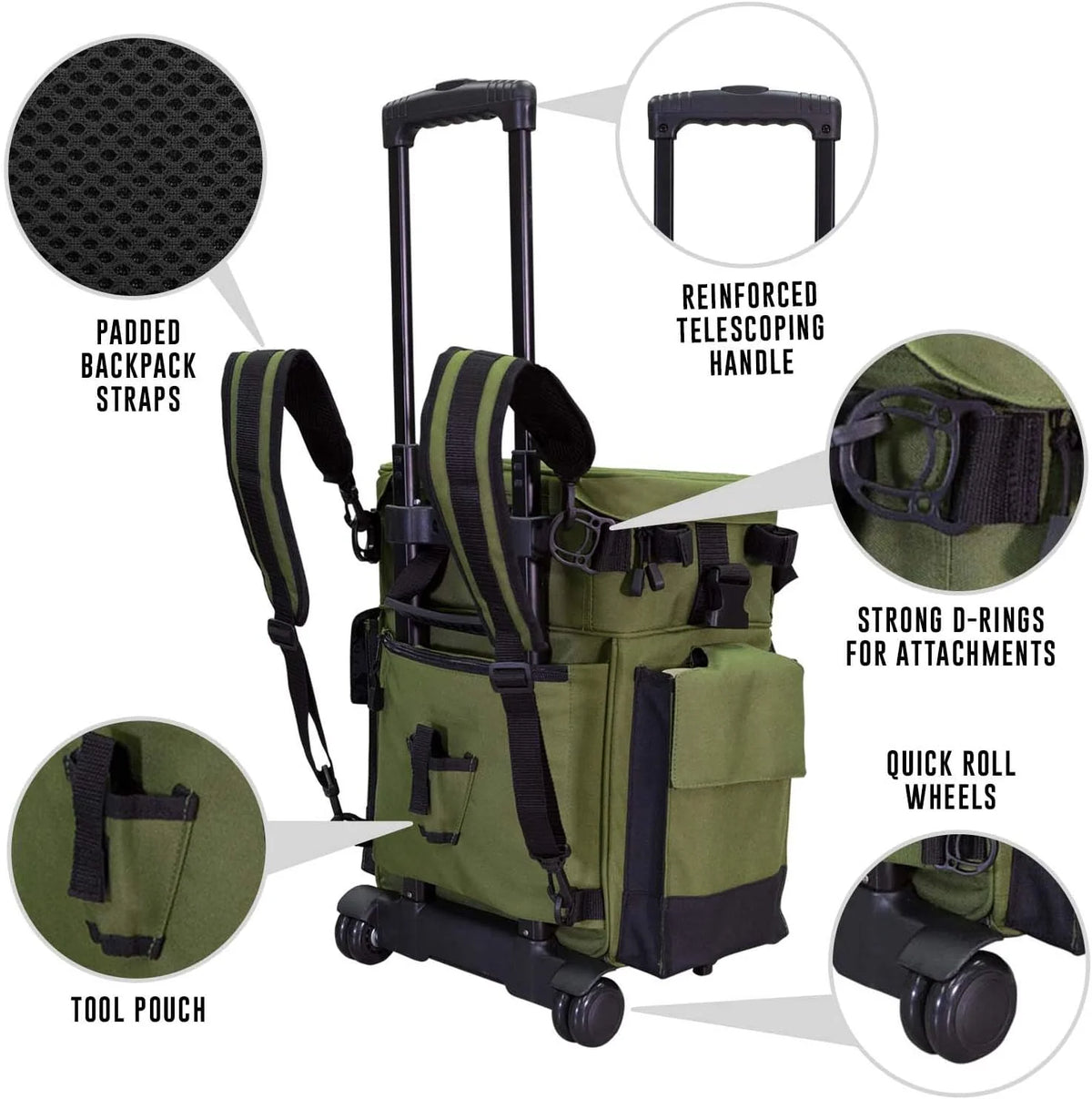 Elkton Outdoors Rolling Tackle Box with Wheels - Waterproof Rolling Fishing Backpack, 5 Removable Tackle Trays, 4 Rod Holders, Fishing Gifts for Men, Fish Tackle Bag, Roller Tackle Box - image 2