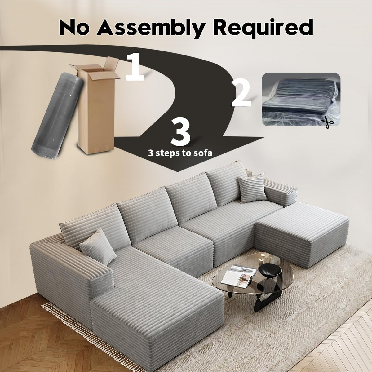 107.5" Cloud Modular Sectional Sofa Couch with L-Shape Chaise,Modern Minimalist Upholstered Couches for Living Room Bedroom,Deep Seat Corner Couch .No Assembly Required (Black,Left Facing Chaise) - image 88