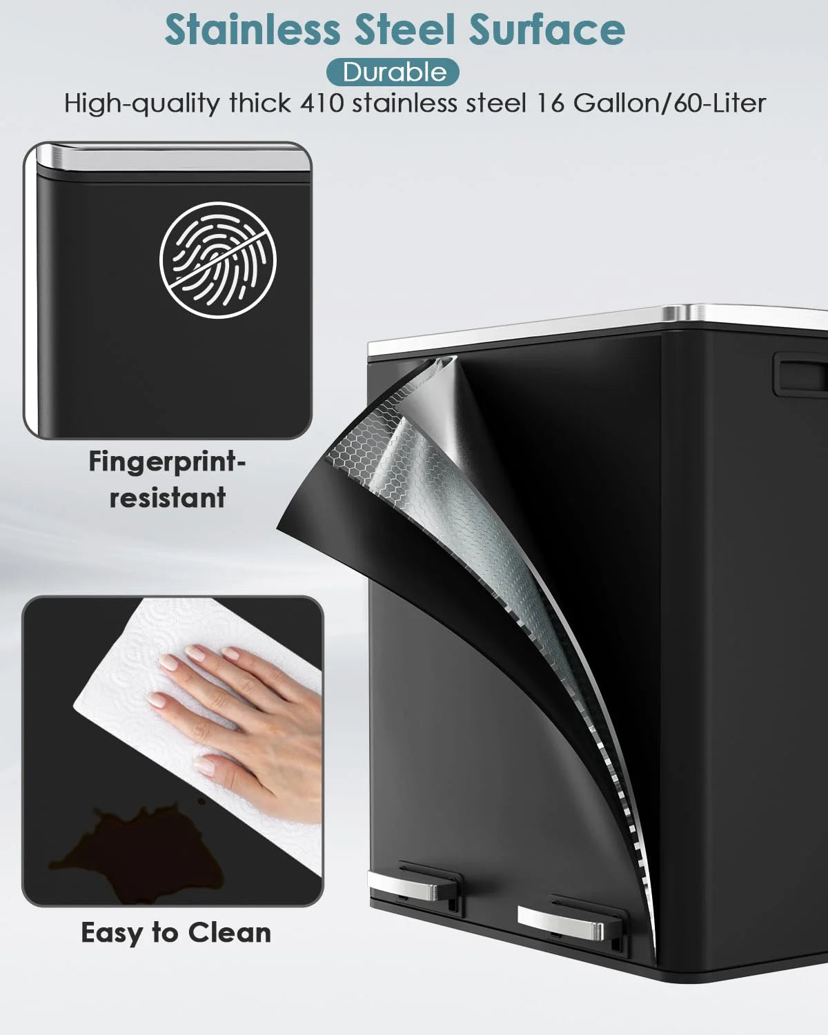 Arlopu 60 L/16 gal Dual Trash Can, Stainless Steel Garbage Can for Kitchen, Recycle Bin with Lid - image 10
