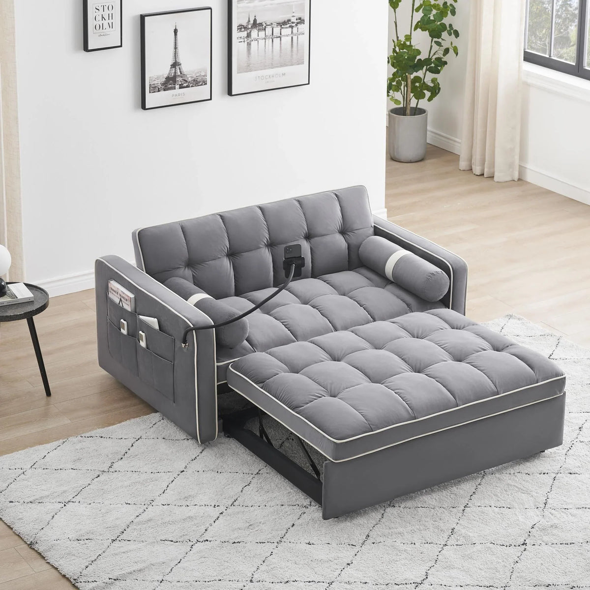 3 in 1 Sleeper Sofa Couch Bed,Small Tufted Velvet Convertible Loveseat Futon Sofa w/Pullout Bed,Adjustable Backrest,Cylinder Pillows,Multi-Pockets,Phone Holder for Living Room Apartment,Grey,55.5" - image 1