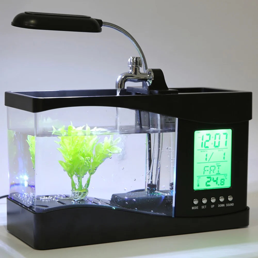 Mini Aquarium Perpetual Calendar Alarm Clock with USB Flowing Lights – LED Desk Fish Tank - image 5