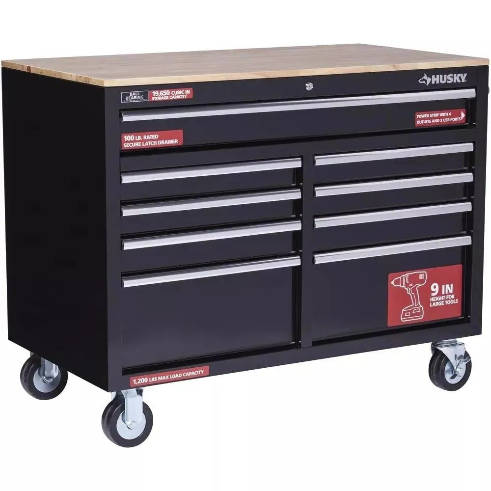 46 in. W x 24 in. D 9-Drawer Gloss Black Deep Tool Chest Mobile Workbench - image 4