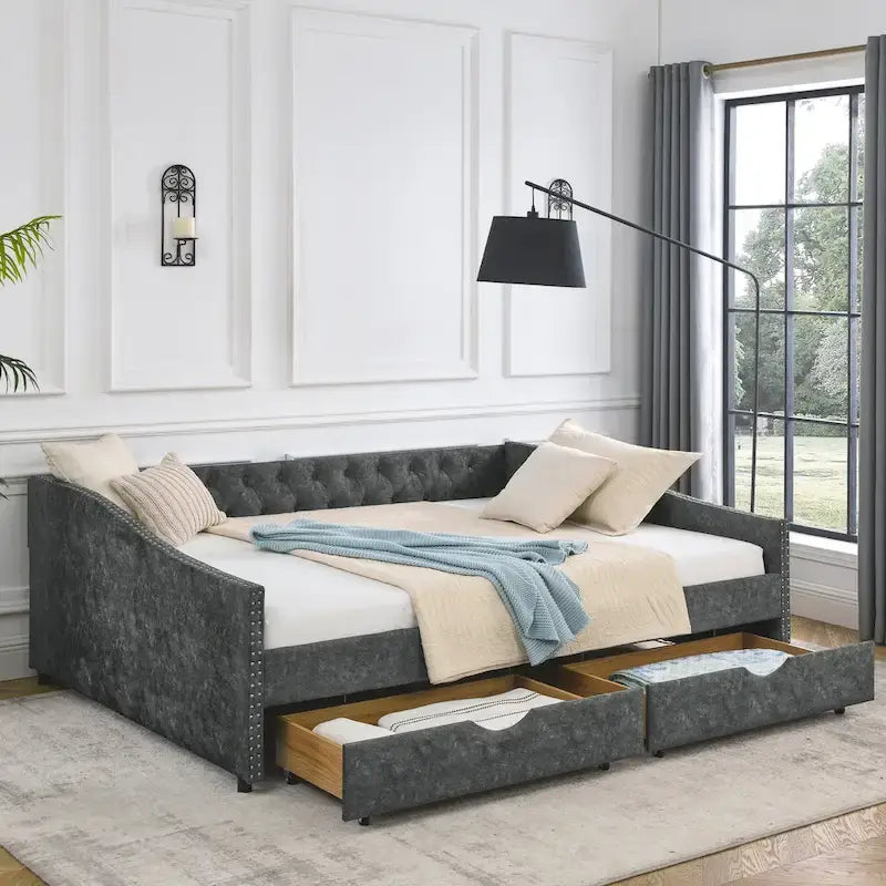 Upholstered Tufted Queen Size Daybed Sofa Bed with Storage Drawers - image 5