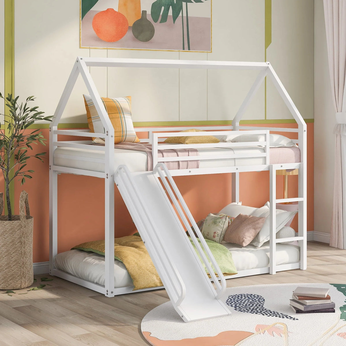 Jump Into Fun Bunk Bed Twin Over Twin, Metal Bunk Bed with Slide, House Low Bunk Bed with Ladder and Safety Guardrails, Noise Free Floor Twin Bunk Beds for Kids, Adults, Bedroom, White - image 1