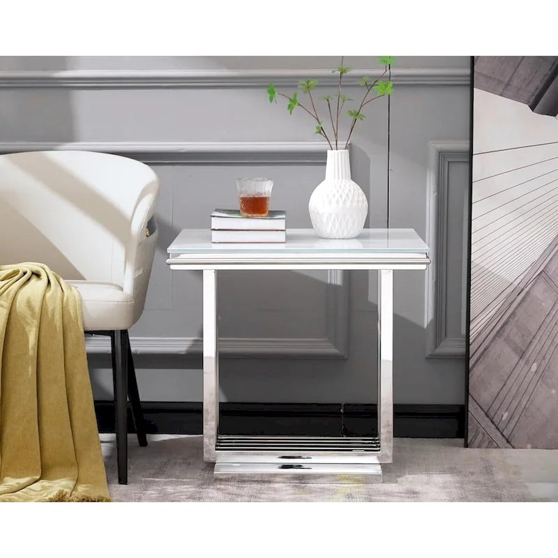 Elegant 24-Inch Square Silver and Glass End Table with Stainless Steel Base - image 3