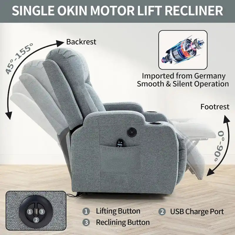 Lazy Boy Power Lift Recliner Chair, Modern Single Motor Massage Sofa Chair with Lumbar Heating, USB Charging Port, Cup Holders - image 27