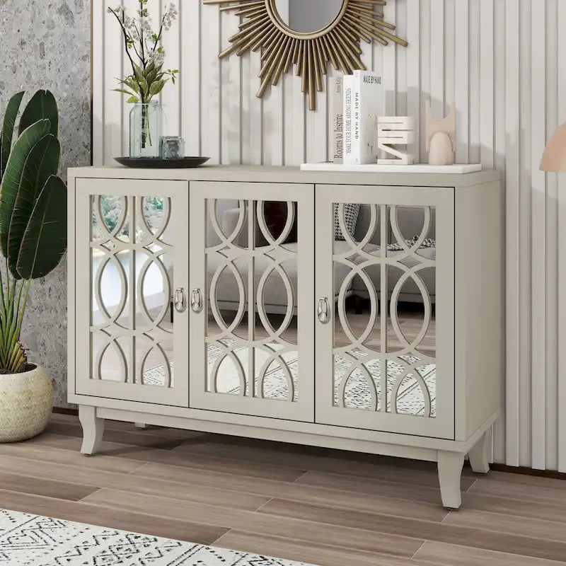Mirrored Buffet Cabinet with Glass Doors and Silver Handles - 3-Door Sideboard for Living Room, Hallway, and Dining Room - image 6