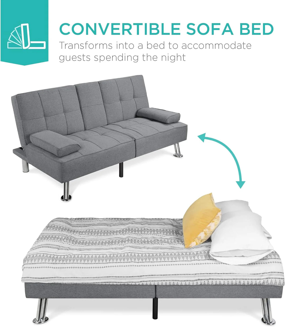 Best Choice Products Linen Upholstered Modern Convertible Folding Futon Sofa Bed for Compact Living Space, Apartment, Dorm, Bonus Room w/Removable Armrests, Metal Legs, 2 Cupholders - Gray - image 32