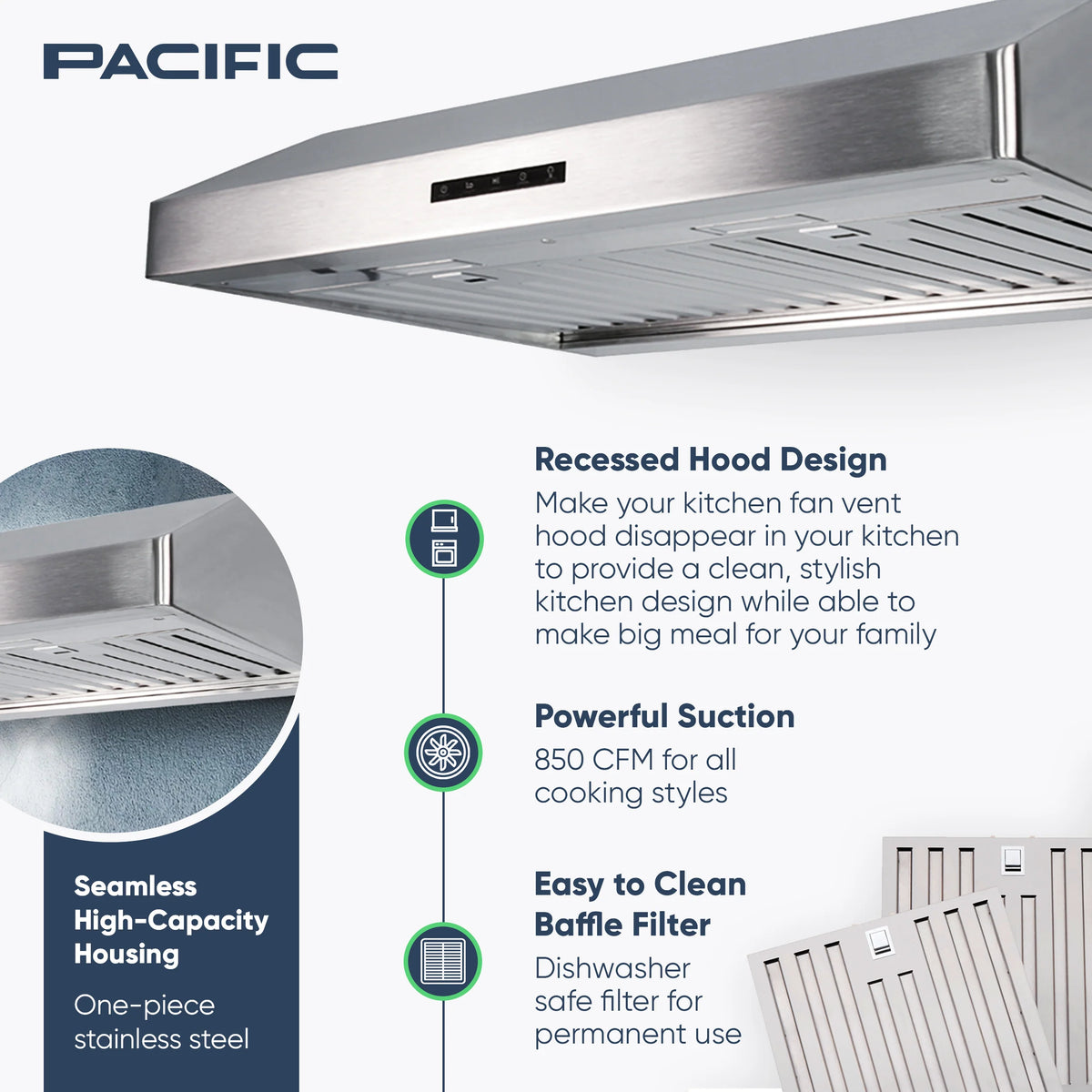 Pacific Economy Pro Under Cabinet Ducted Range Hood 30 inch - 850 CFM 3-Speed Powerful Kitchen Vent Hood - Electric Stainless Steel - Ultra Quiet, Glass Touch Control, 6W LED Lights PR6830AS - image 3