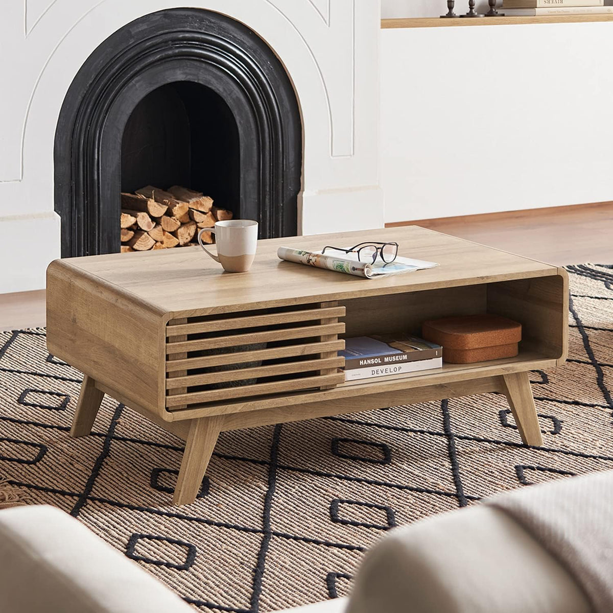 Mopio Ensley Mid Century Modern Rectangle Coffee Table with Dual Storage Shelf, Wood Slat Sliding Door, & Rounded Edge Protection for Living Room, Walnut Grain - image 5