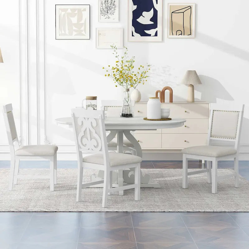 Vintage White 5-Piece Wooden Dining Set with Extendable Table and 4 Chairs - image 3