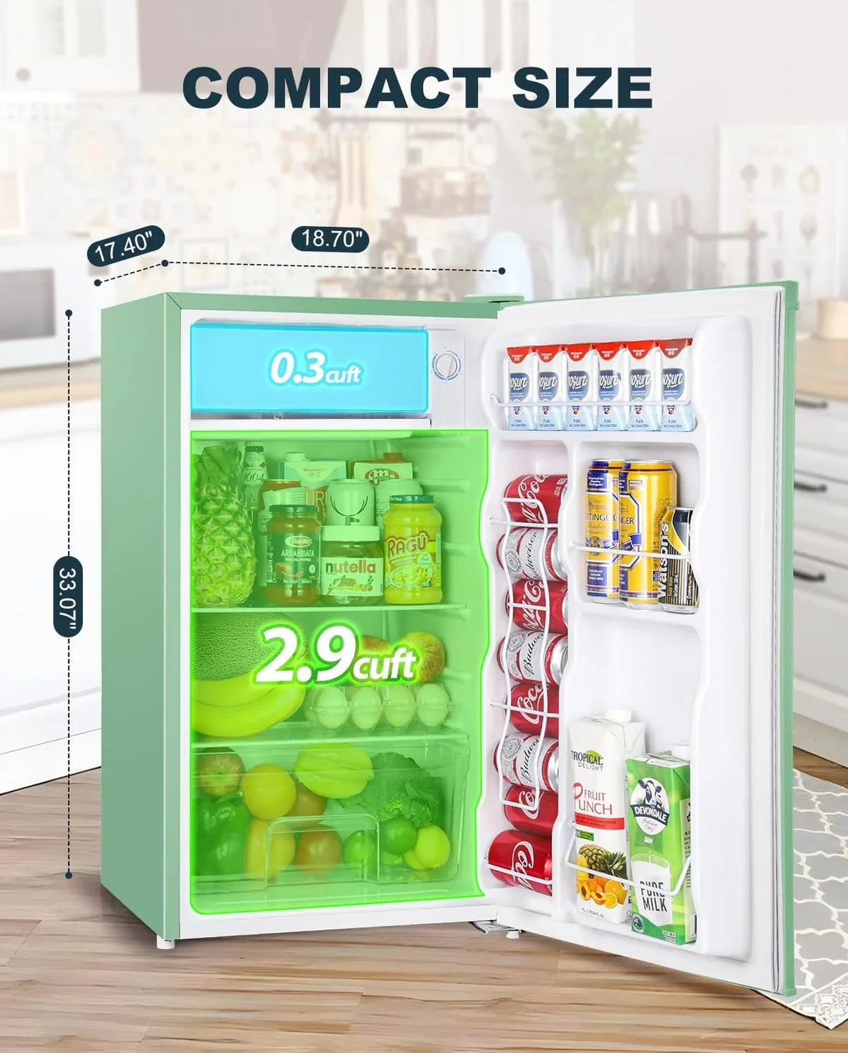 Upstreman 3.2 Cu.Ft Mini Fridge with Freezer, Single Door Mini Fridge, Dorm Fridge, Adjustable Thermostat, Mini Refrigerator for Bedroom, Office, Dorm, Green-BR321 - image 3