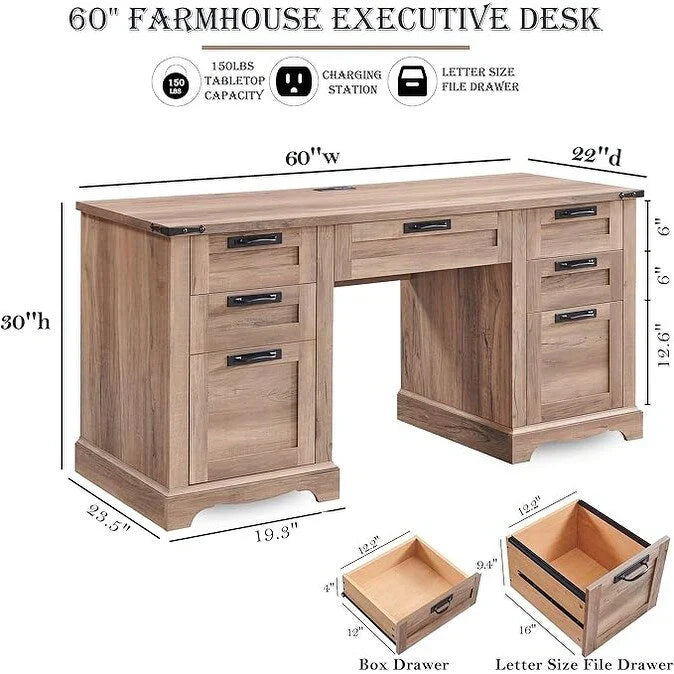 60 Farmhouse Executive Desk, Wood Home Office Desk, Computer Desk - image 11