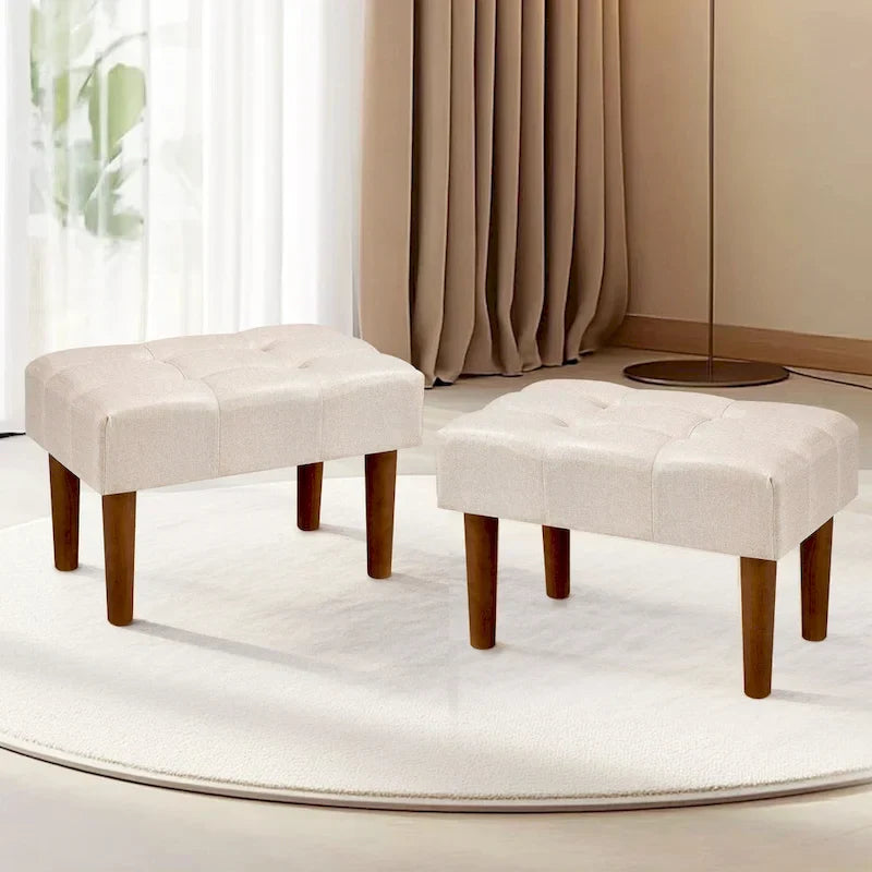 Set of 2 Small Linen Foot Stools with Legs - Rectangle Upholstered Ottoman Footrests - image 21