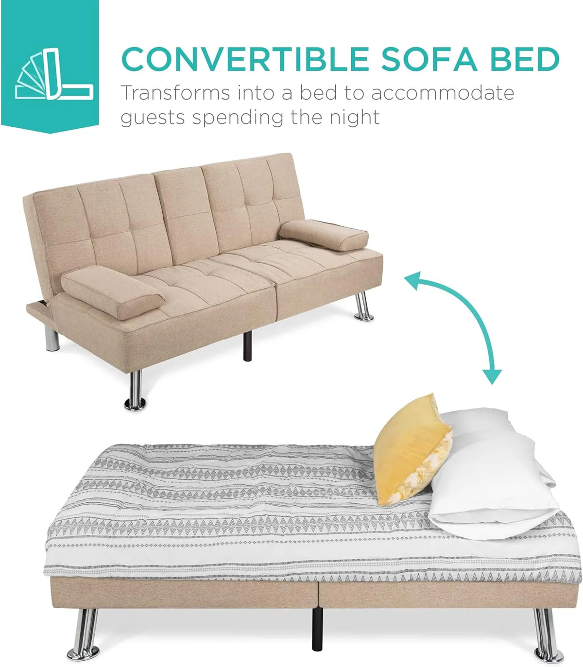 Best Choice Products Linen Upholstered Modern Convertible Folding Futon Sofa Bed for Compact Living Space, Apartment, Dorm, Bonus Room w/Removable Armrests, Metal Legs, 2 Cupholders - Gray - image 8