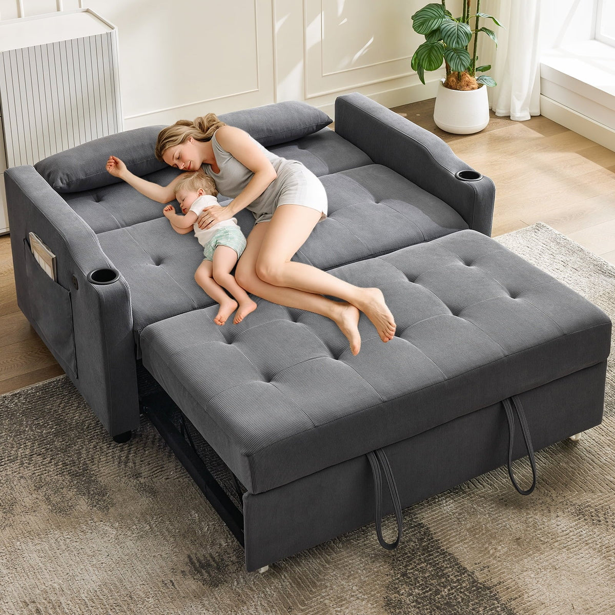 3 in 1 Convertible Sleeper Sofa Bed, Corduroy Futon Couches with Pull-Out Bed, Adjustable Backrest, Charging Port & Side Pockets, Modern Upholstered Sofa for Living Room, Guest Room - image 30