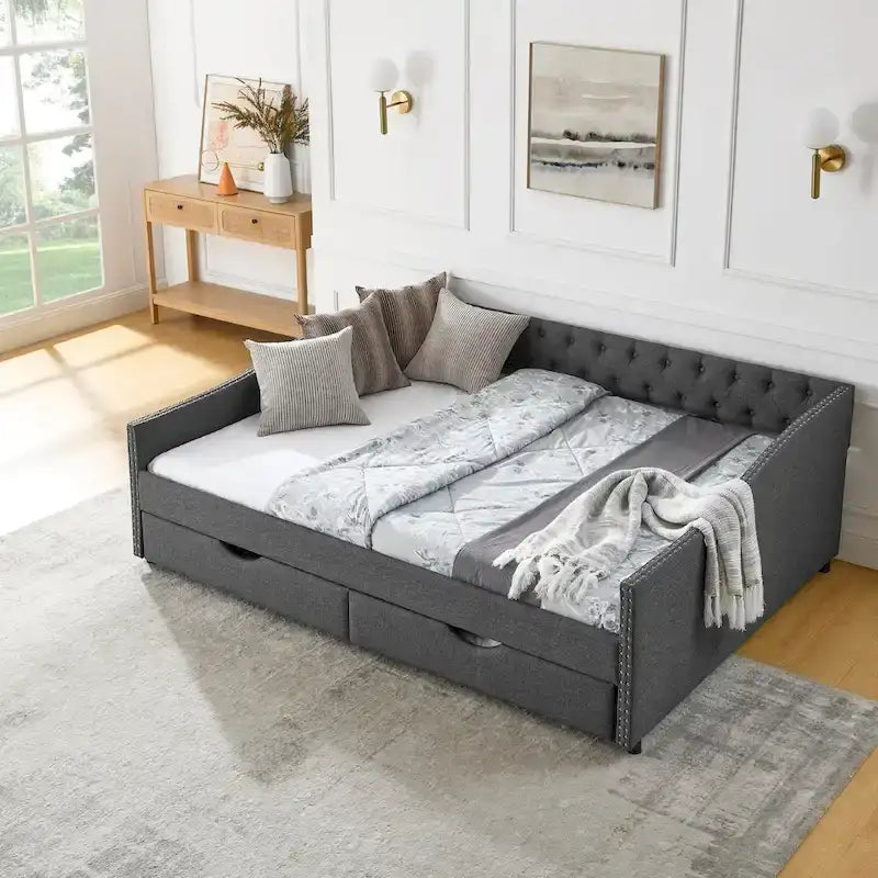 Upholstered Tufted Queen Size Daybed Sofa Bed with Storage Drawers - image 29