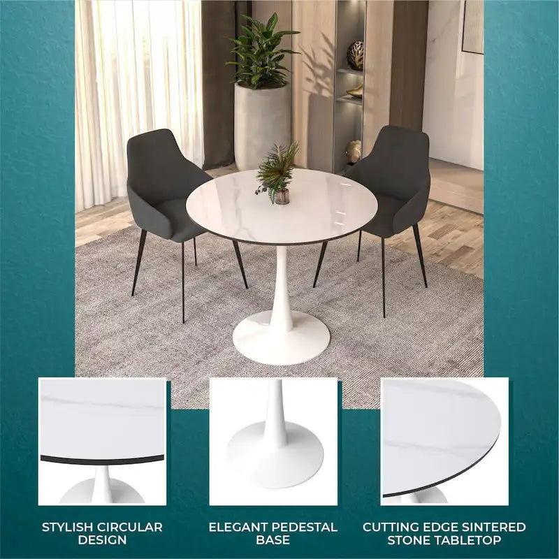 Bristol 35-Inch Round Dining Table for 4 with Sintered Stone Top and White Stainless Steel Pedestal Base - image 16