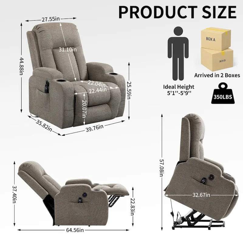 Lazy Boy Power Lift Recliner Chair, Modern Single Motor Massage Sofa Chair with Lumbar Heating, USB Charging Port, Cup Holders - image 3