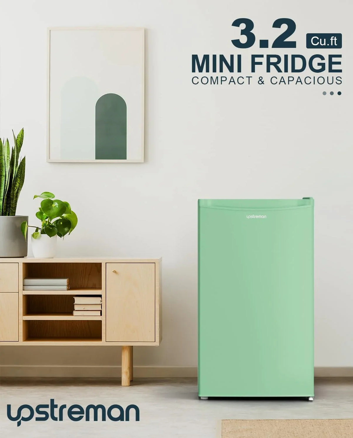 Upstreman 3.2 Cu.Ft Mini Fridge with Freezer, Single Door Mini Fridge, Dorm Fridge, Adjustable Thermostat, Mini Refrigerator for Bedroom, Office, Dorm, Green-BR321 - image 6