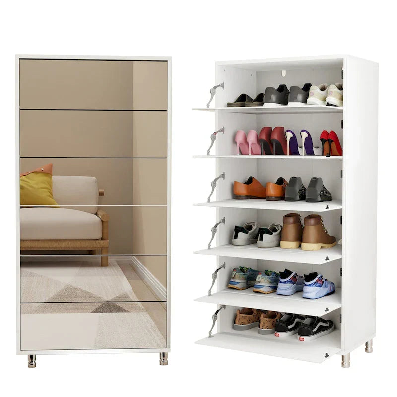 Mirror Shoe Cabinet With 6 Flip Drawers,Shoe Rack Organizer Store Ample Shoes,4 Metal Legs,Hand-Touch Flip-Out Door - image 1