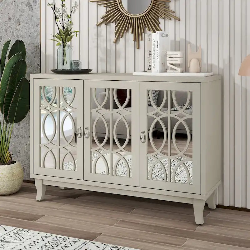 Mirrored Buffet Cabinet with Glass Doors and Silver Handles - 3-Door Sideboard for Living Room, Hallway, and Dining Room - image 1