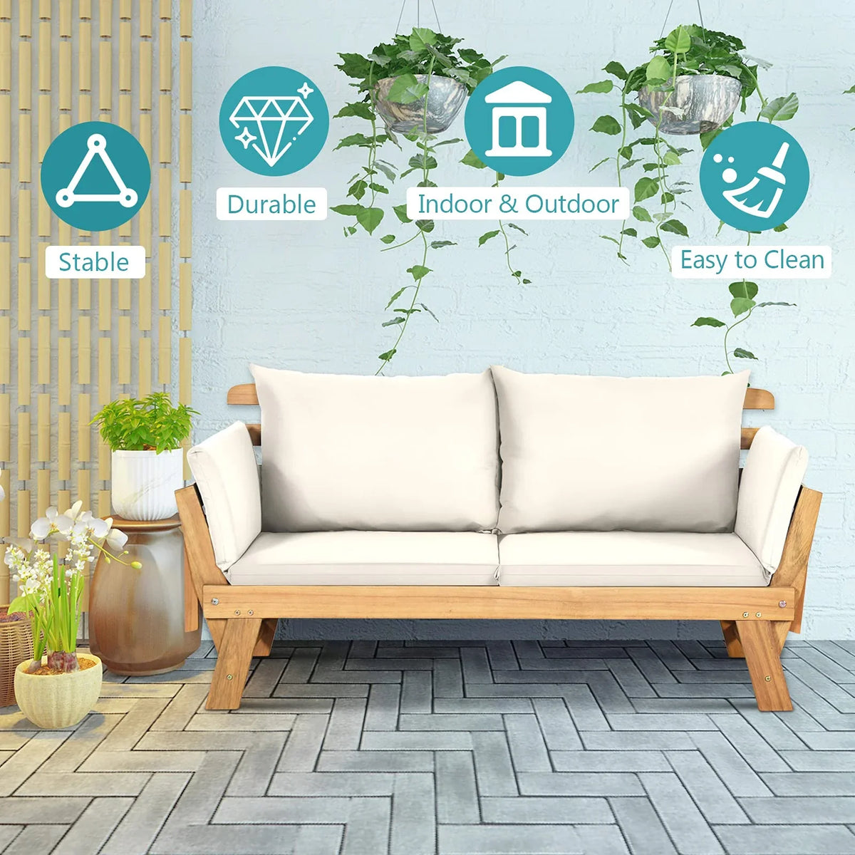 Outdoor Convertible Acacia Wood Daybed, Couch Sofa Bed w/Adjustable Armrest - image 9