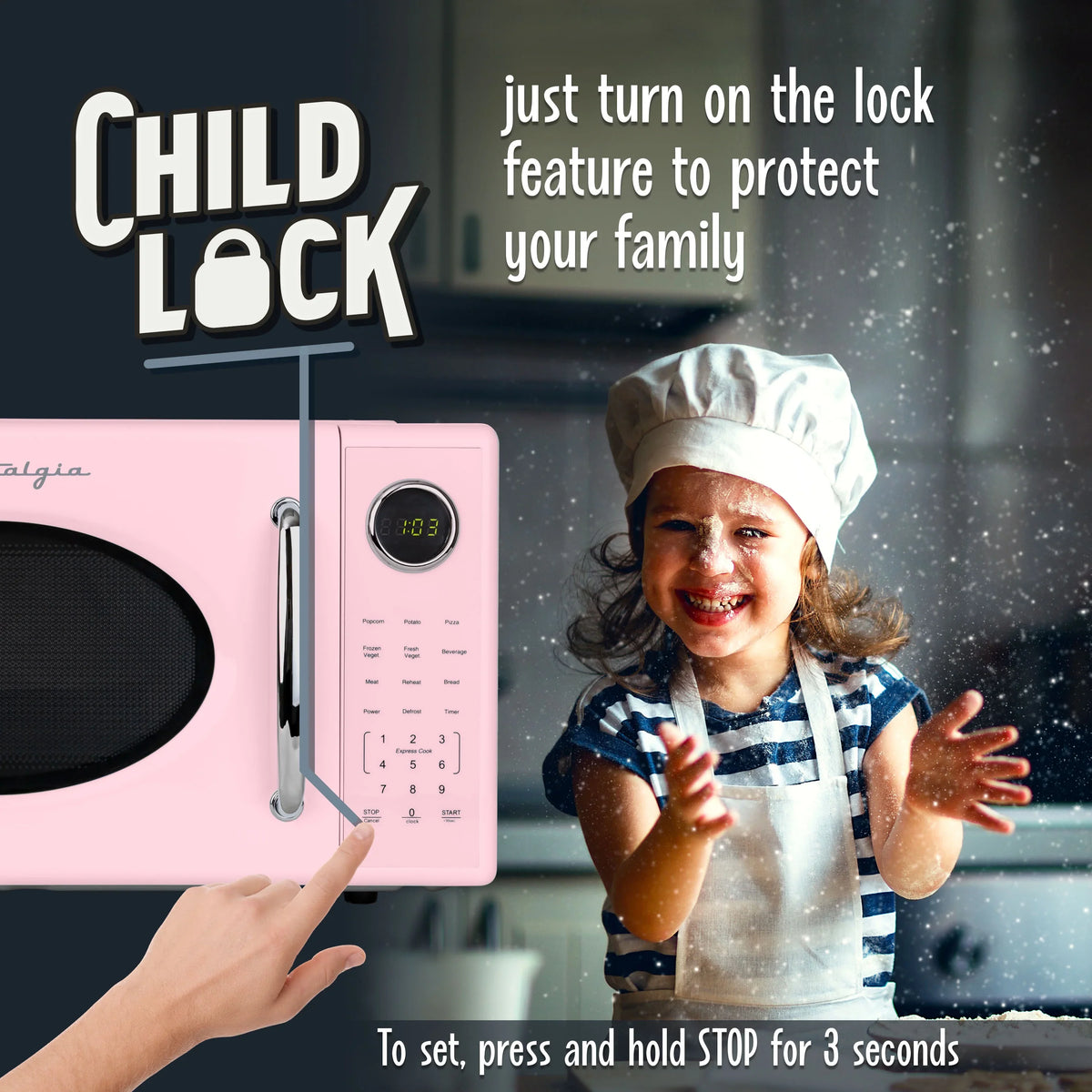 Nostalgia Retro Microwave Oven - 1.1 Cu Ft & 1000-Watt Countertop Size with Glass Turntable, Child Safety Lock, 8 Auto-Cook Programs & Digital Clock - Black - image 17