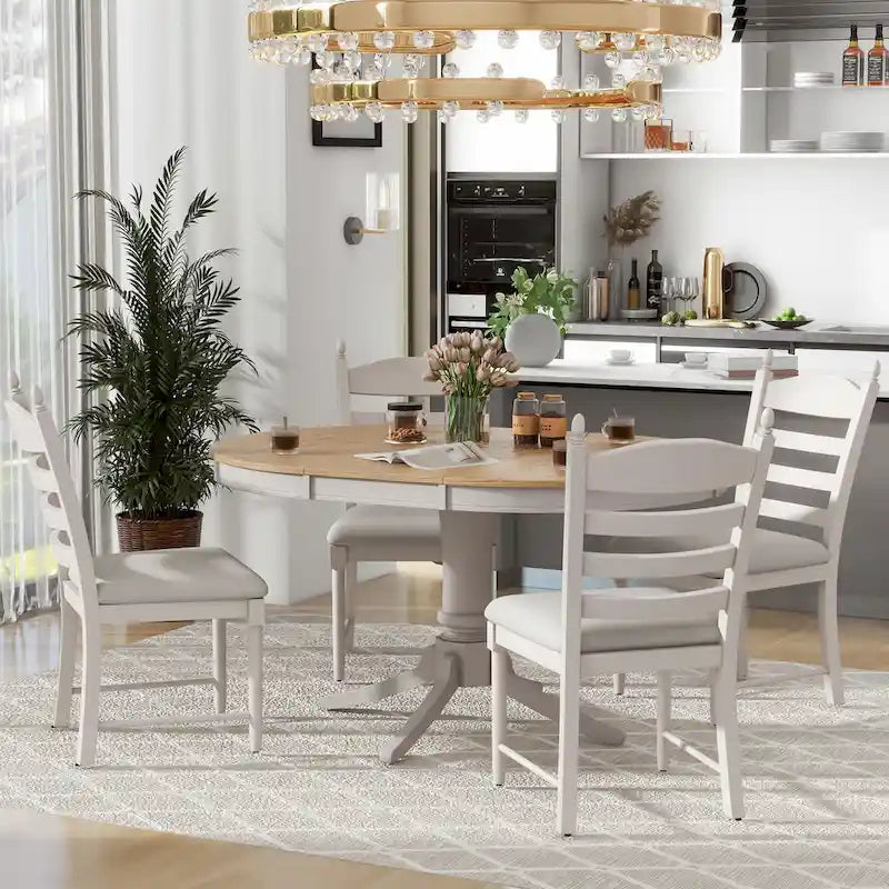 5-Piece Retro Wood Dining Set: Round Extendable Table with 4 Upholstered Chairs - image 6