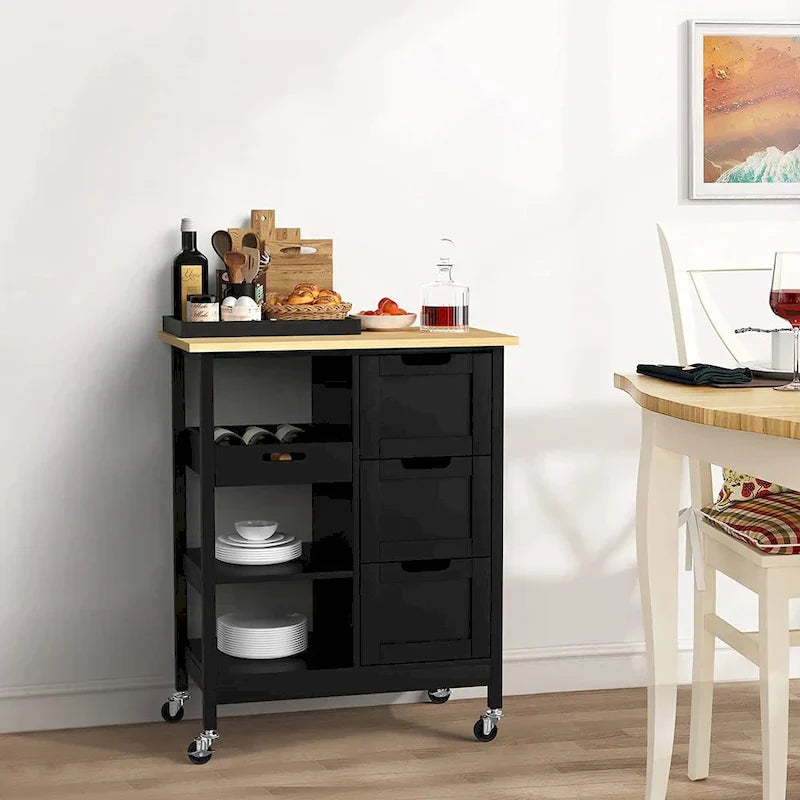 Kleio Solid Wood Kitchen Island Storage Cart with 3 Drawers - Rolling Serving Trolley - image 10
