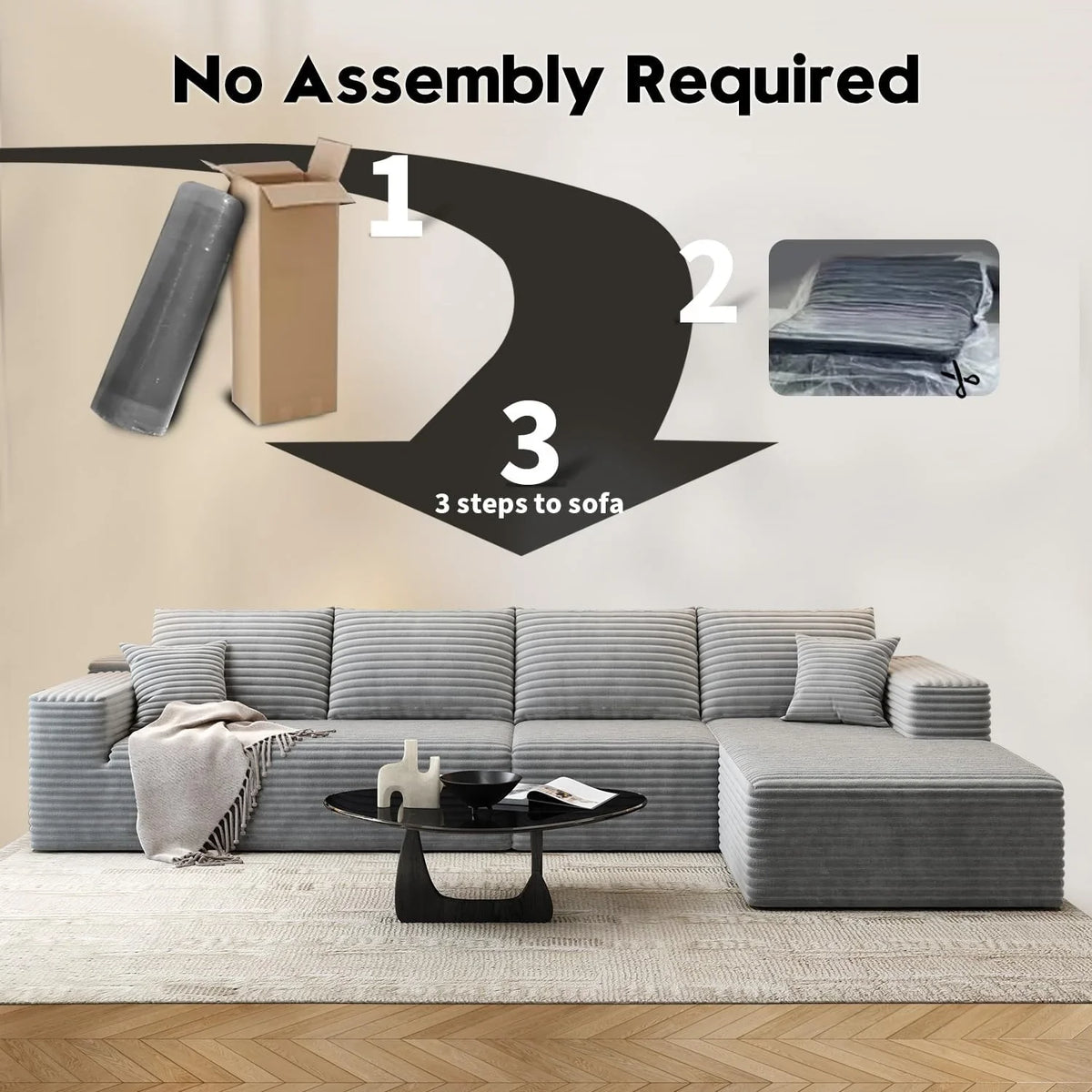 107.5" Cloud Modular Sectional Sofa Couch with L-Shape Chaise,Modern Minimalist Upholstered Couches for Living Room Bedroom,Deep Seat Corner Couch .No Assembly Required (Black,Left Facing Chaise) - image 72