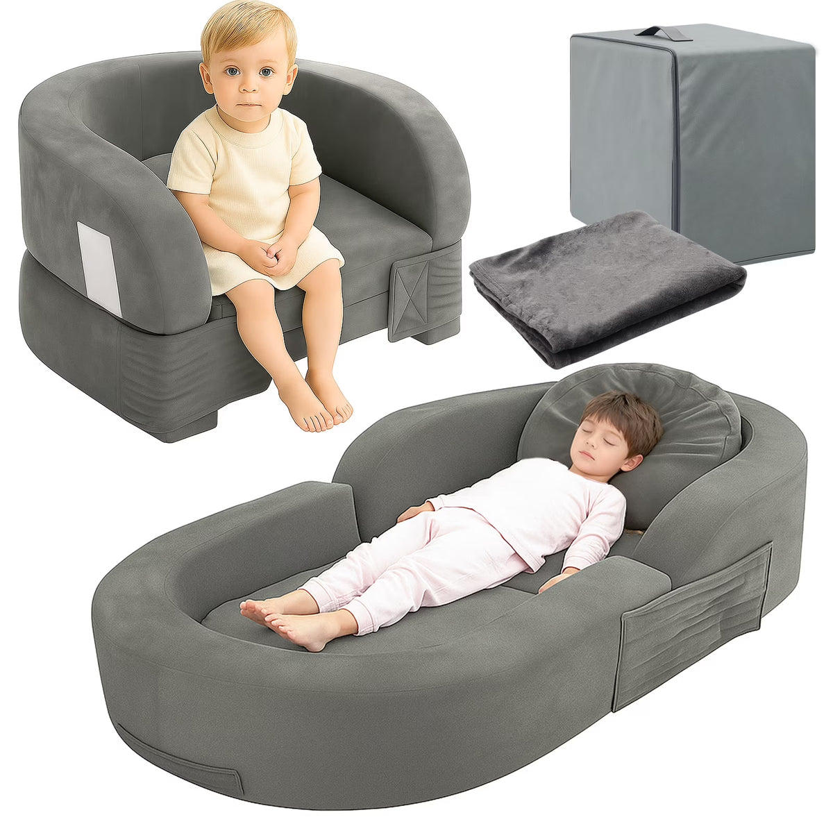 Coumy Toddler Travel Bed 2-in-1 Kids Sofa Chair with Removable Cover, Soft Foam Portable Foldable Toddler Bed for Travel with Carrying Bag, Blue - image 3