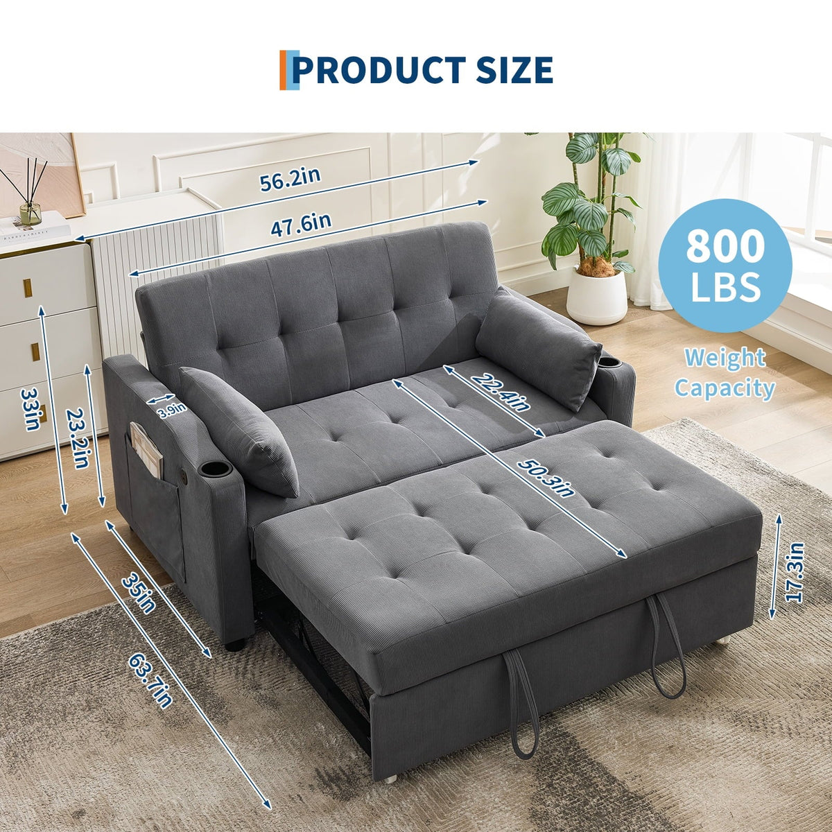 3 in 1 Convertible Sleeper Sofa Bed, Corduroy Futon Couches with Pull-Out Bed, Adjustable Backrest, Charging Port & Side Pockets, Modern Upholstered Sofa for Living Room, Guest Room - image 22