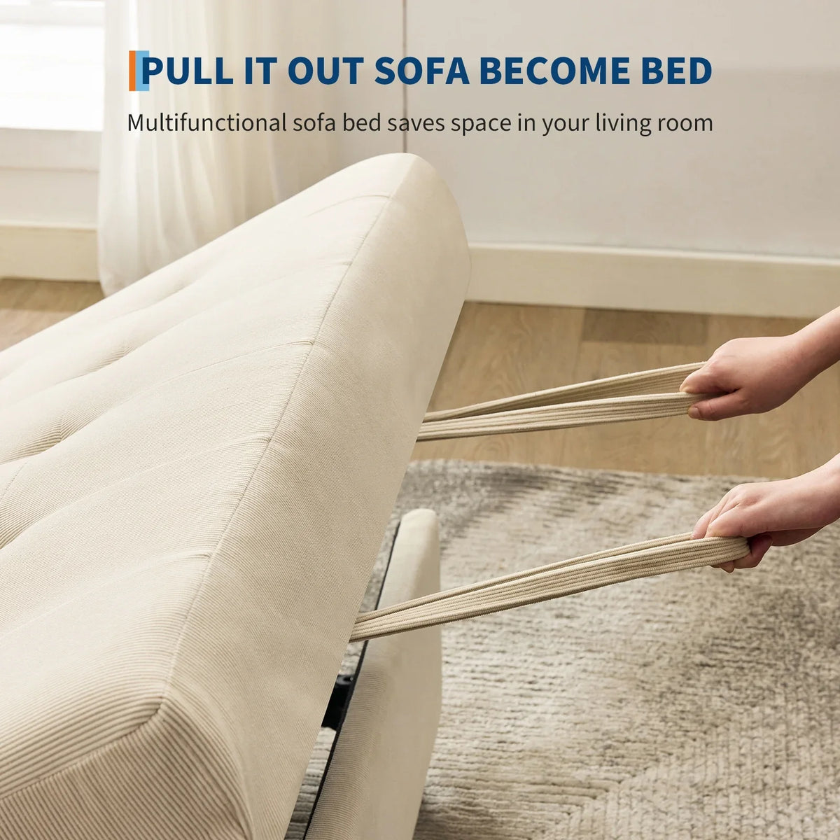3 in 1 Convertible Sleeper Sofa Bed, Corduroy Futon Couches with Pull-Out Bed, Adjustable Backrest, Charging Port & Side Pockets, Modern Upholstered Sofa for Living Room, Guest Room - image 16