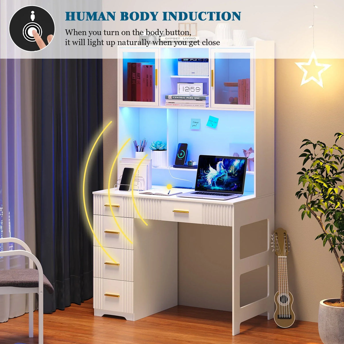 HNEBC LED Study Desk with Hutch and Drawer, Home Office Desk with Outlet, Computer Desk with Charging Station - image 6