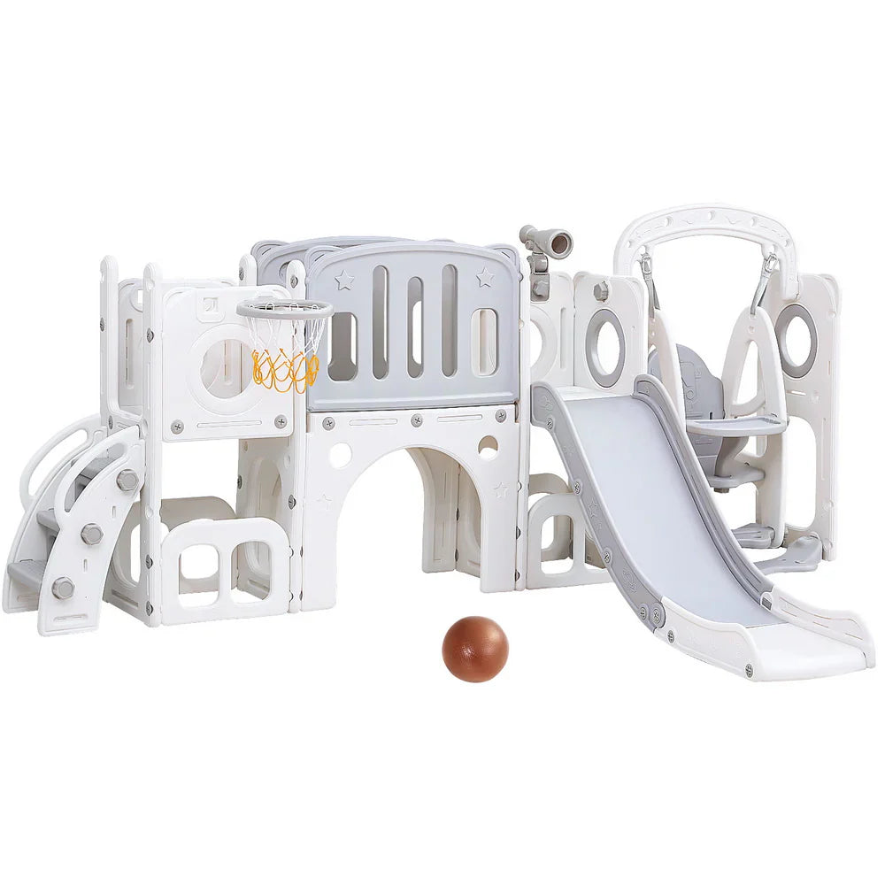 Keezi Kids Slide Swing Set Basketball Hoop Ring Football Outdoor Toys 132cm grey - image 1